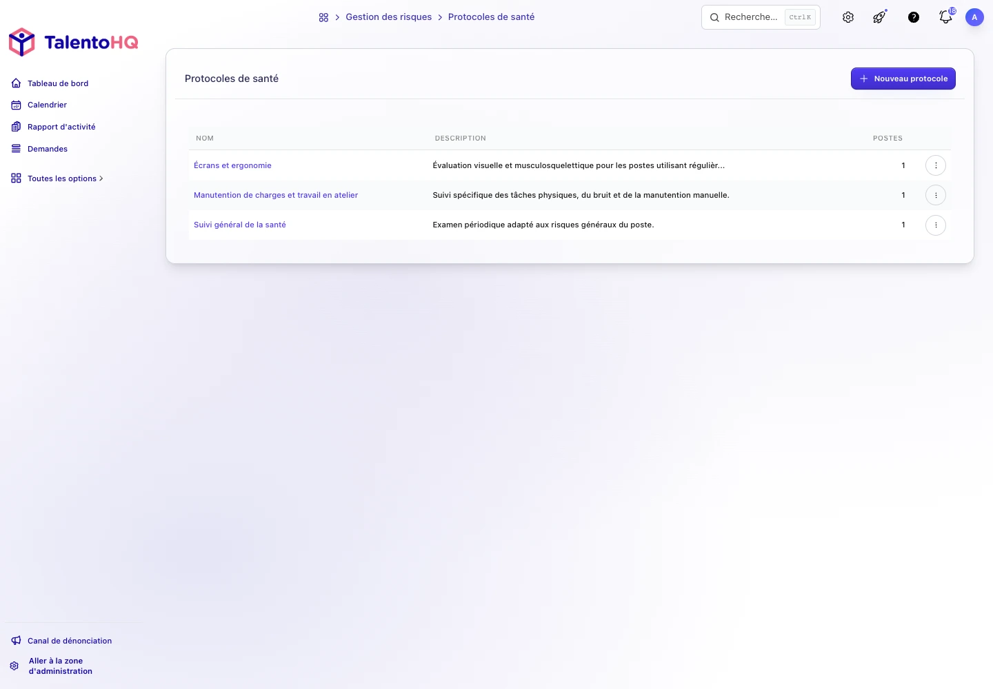 Protocoles de santé dans TalentoHQ associés aux postes et aux risques professionnels
