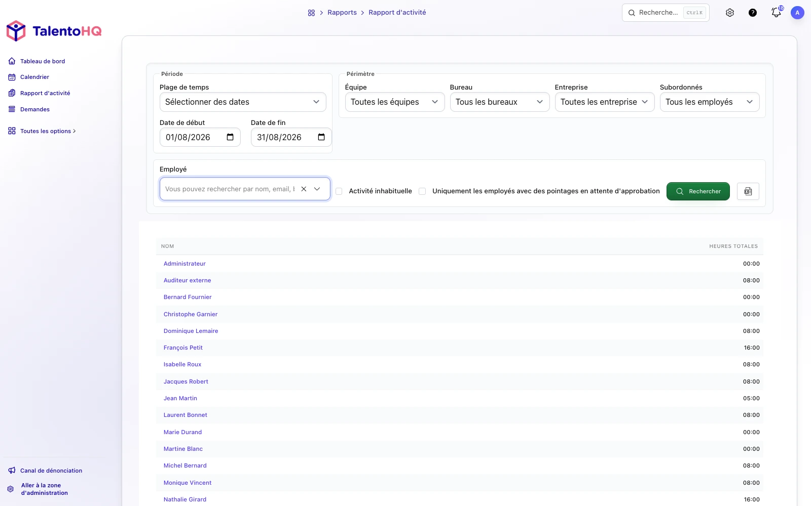 Vue des pointages et de l’activité dans TalentoHQ