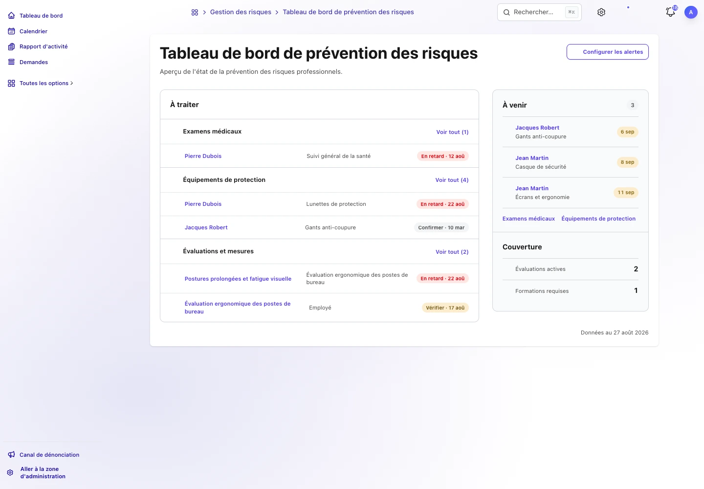 Tableau de bord de la prévention dans TalentoHQ avec un examen arrivé à échéance et un examen à venir