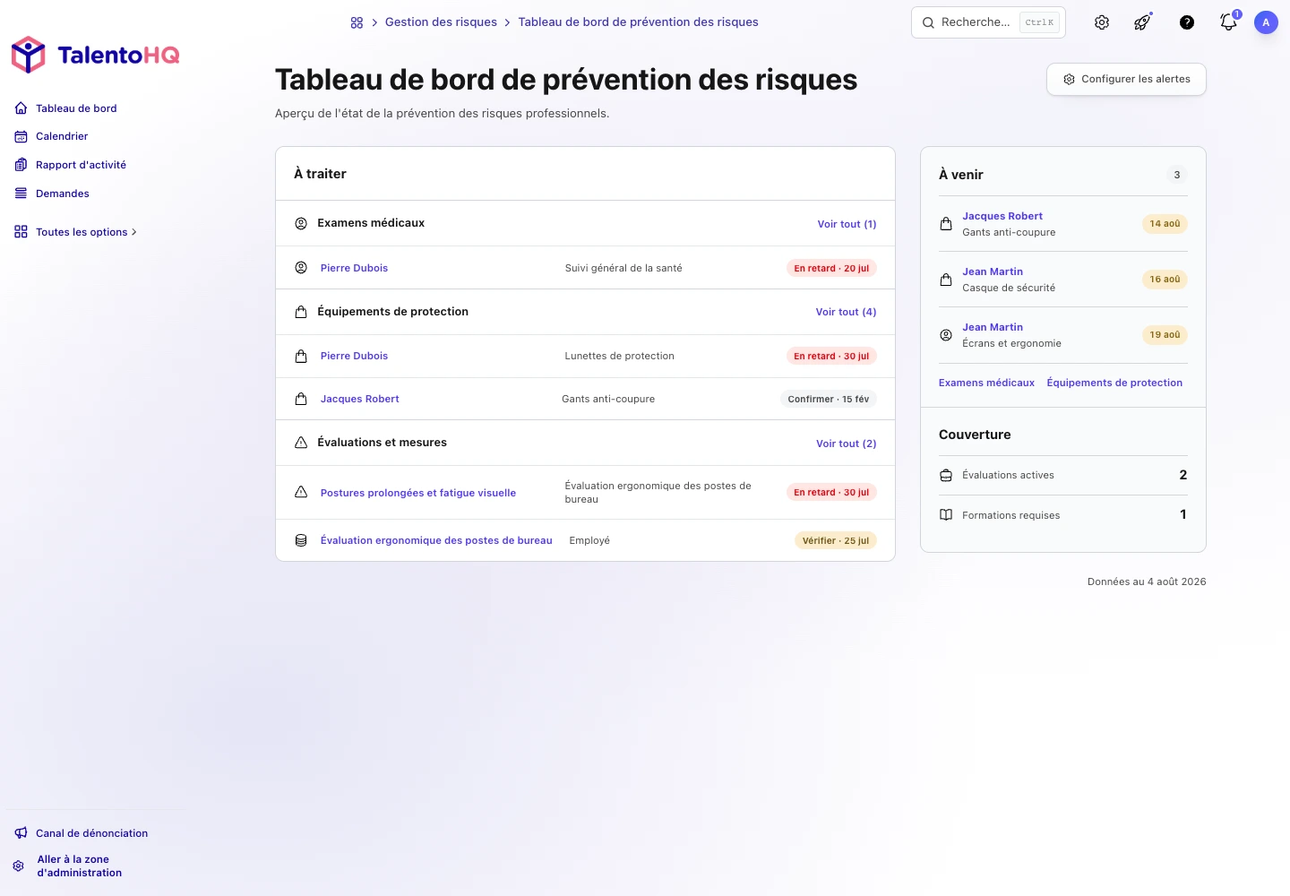 Tableau de bord TalentoHQ avec une évaluation et une mesure de prévention à traiter