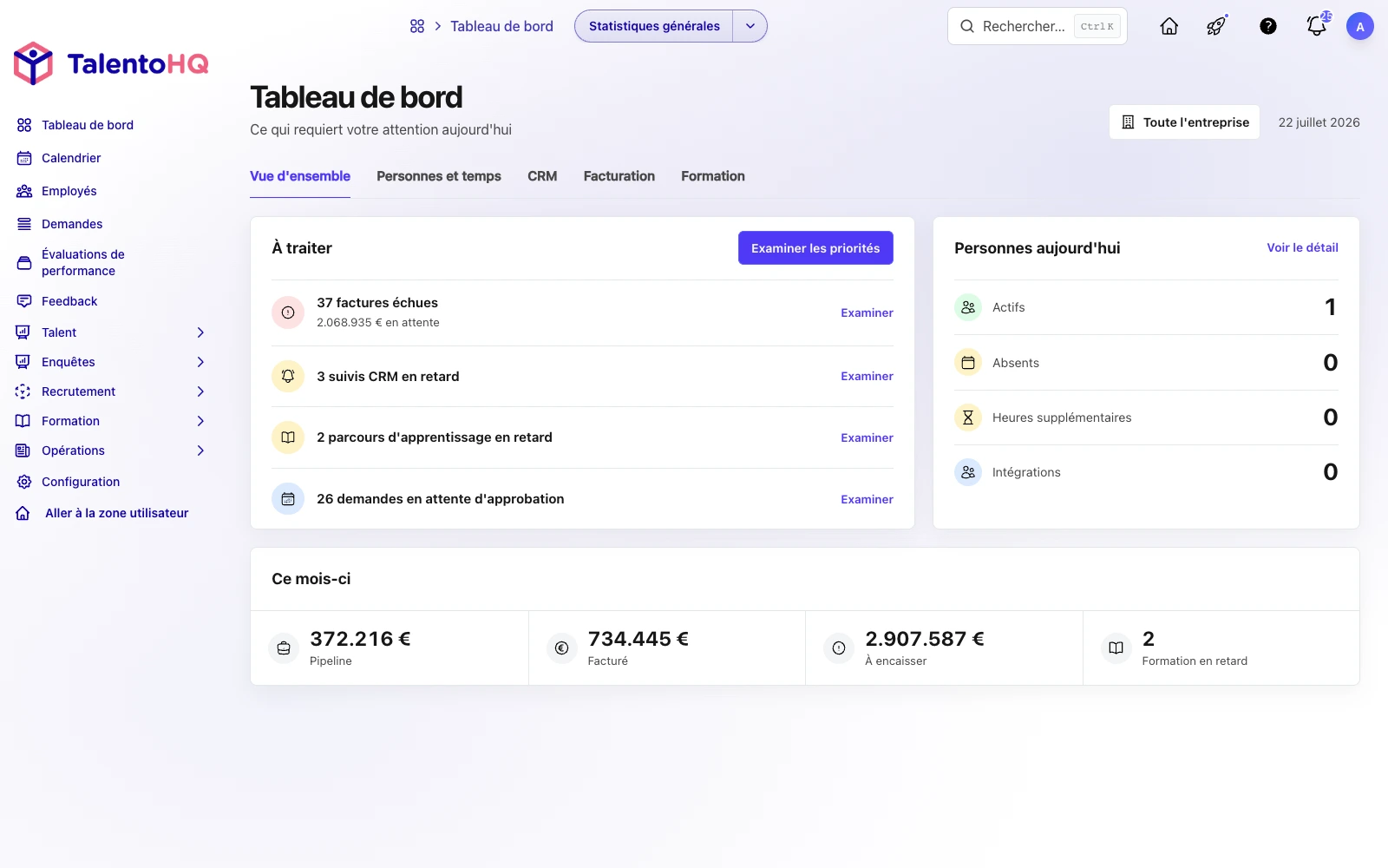 Tableau de bord TalentoHQ avec les modules RH, facturation, documents et gestion
