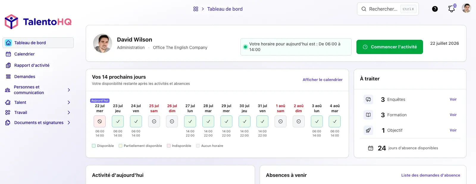 Tableau de bord collaborateur de TalentoHQ en français avec horaires, congés, enquêtes, formations et objectifs