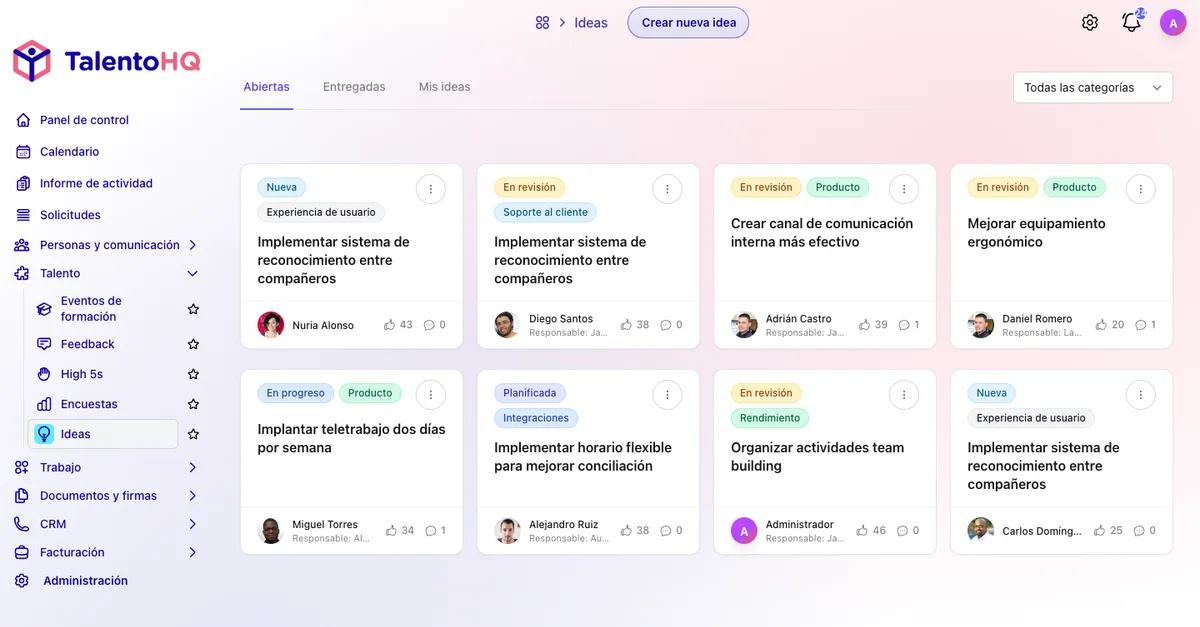 Buzón de ideas del portal del empleado en TalentoHQ
