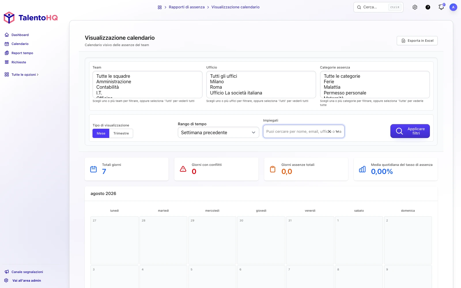 Calendario delle assenze del team in TalentoHQ