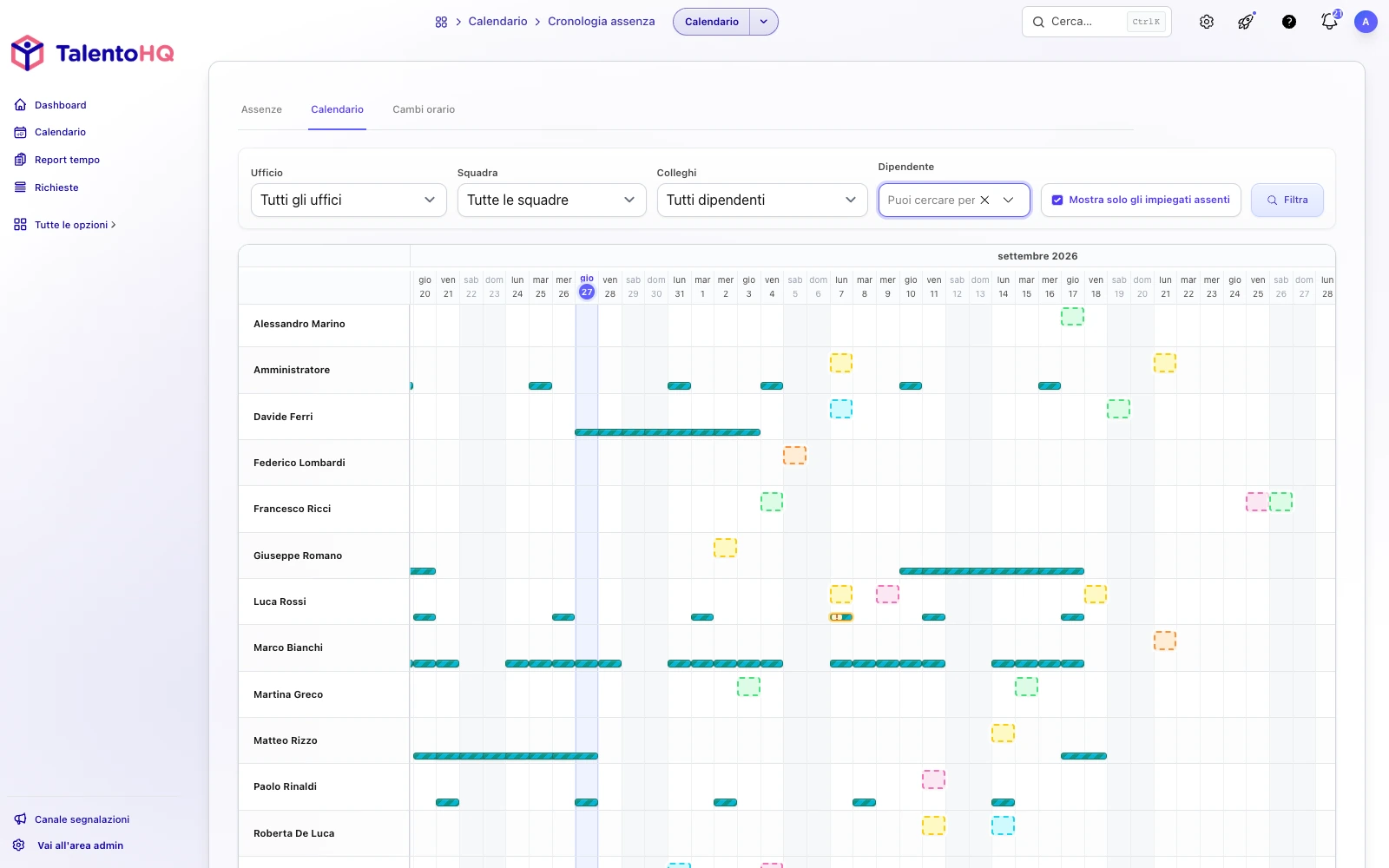 Calendario delle assenze TalentoHQ con filtri di sede, team e subordinati, giorno attuale evidenziato e barre di assenza per persona
