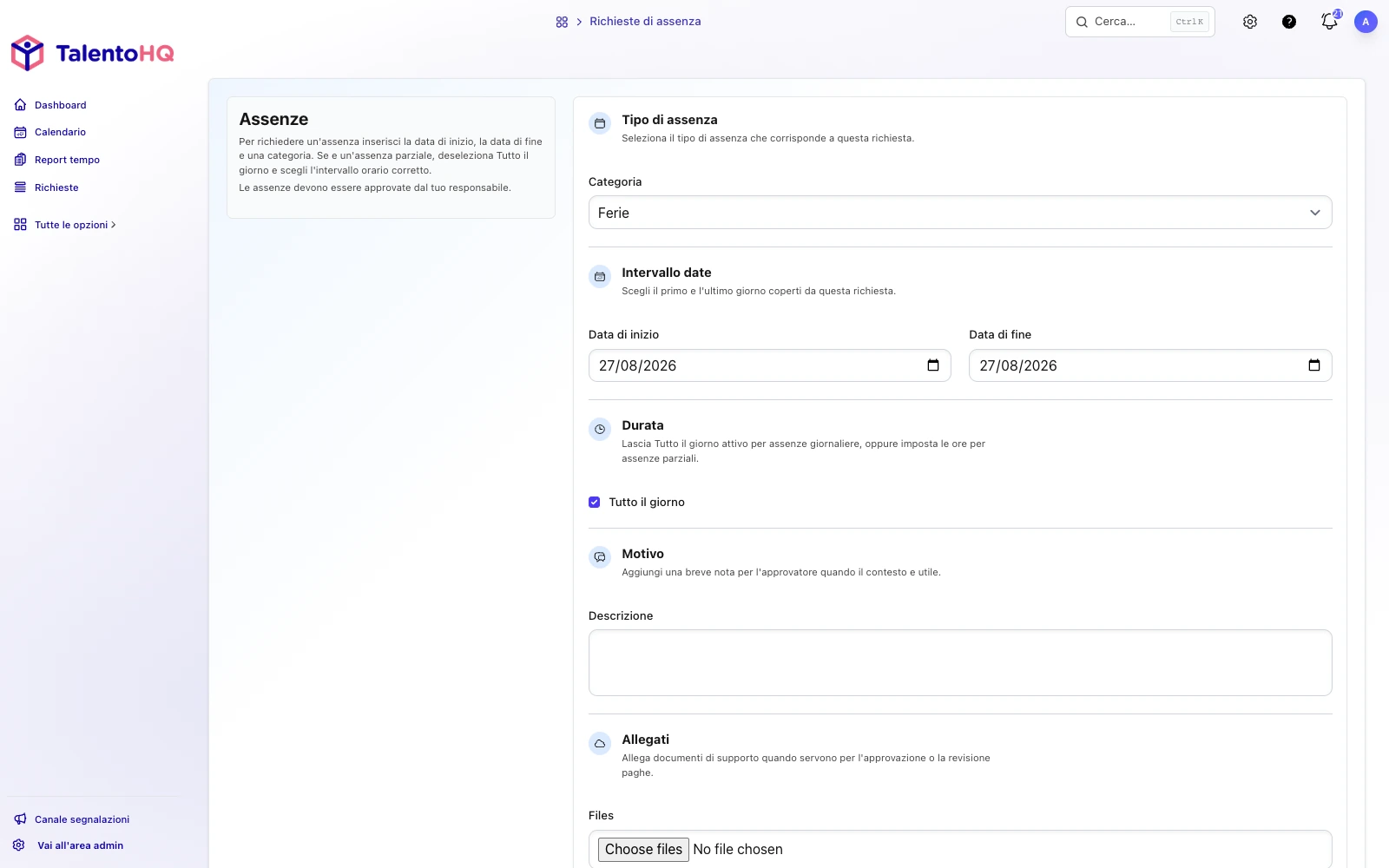 Invio di una richiesta di assenza in TalentoHQ