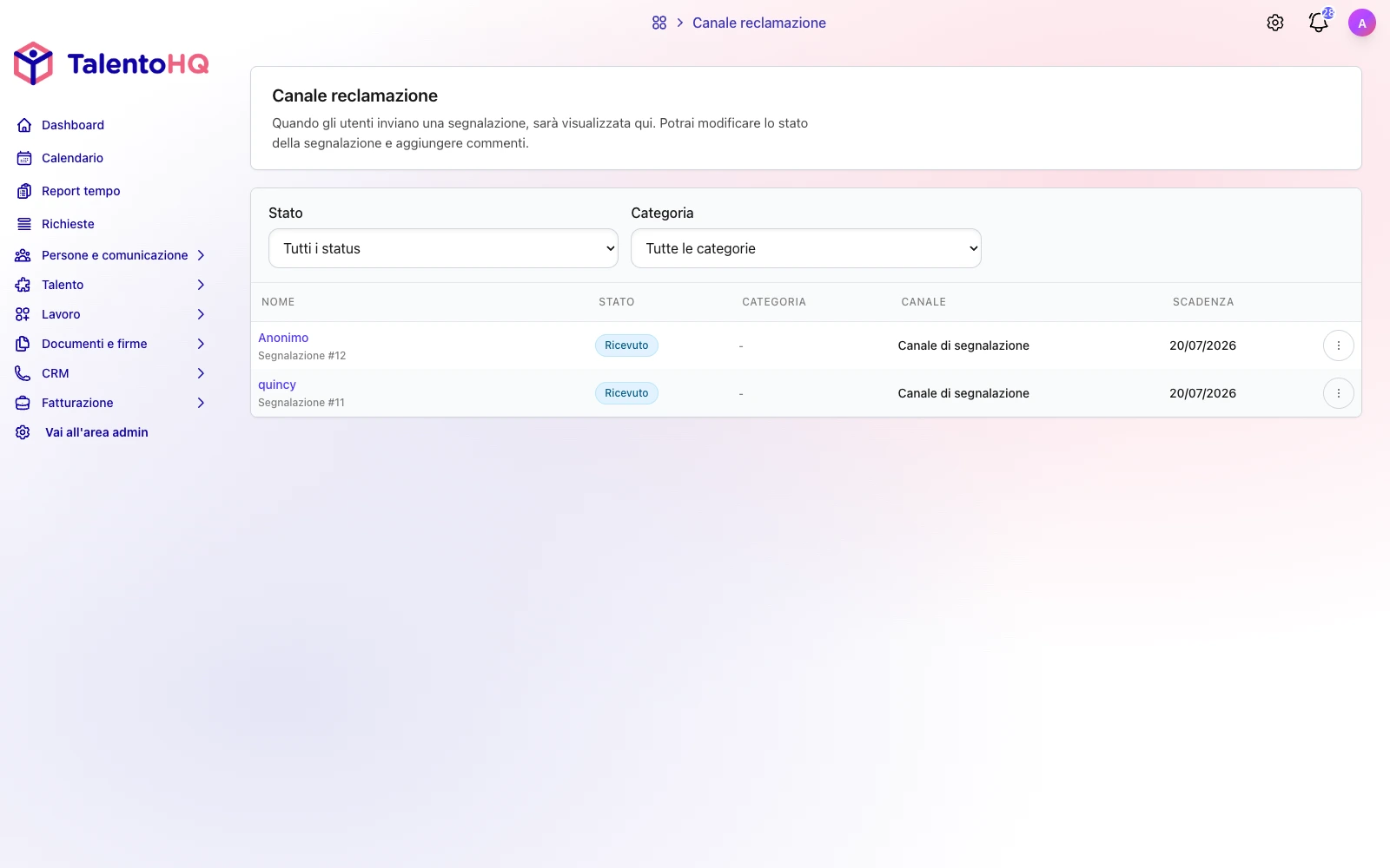 Modulo riservato di segnalazione TalentoHQ