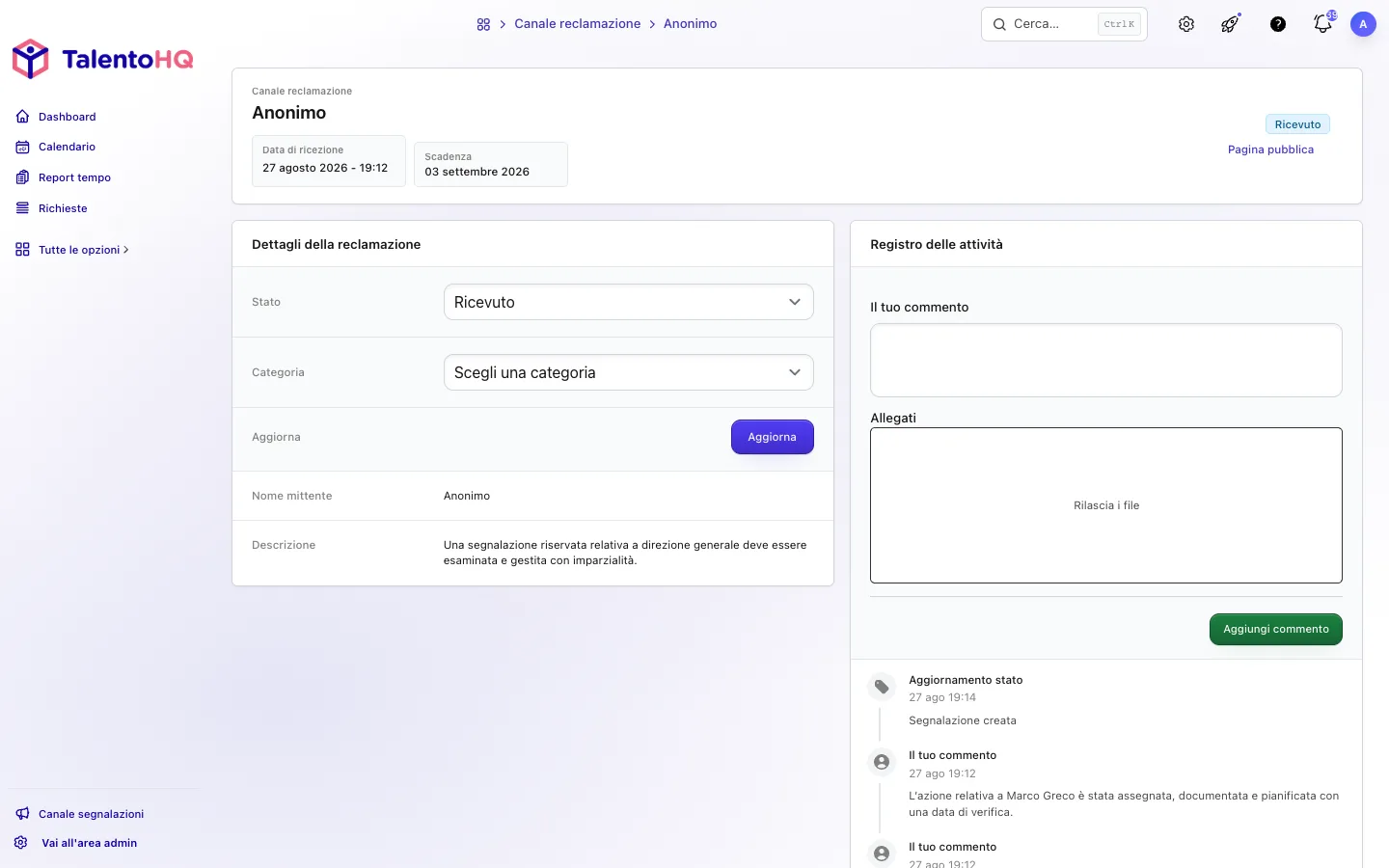 Dettaglio riservato di una segnalazione con commenti e allegati in TalentoHQ