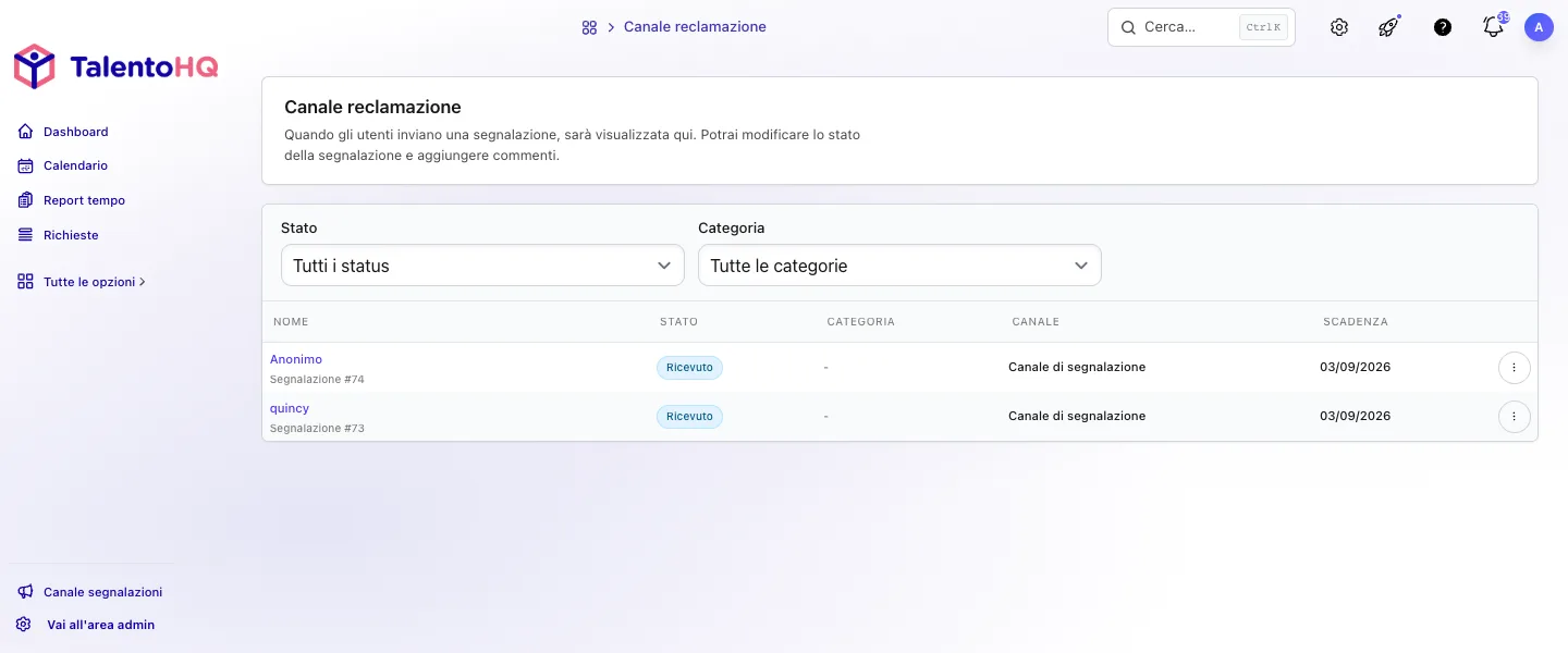 Elenco delle segnalazioni con stato, canale e scadenza in TalentoHQ