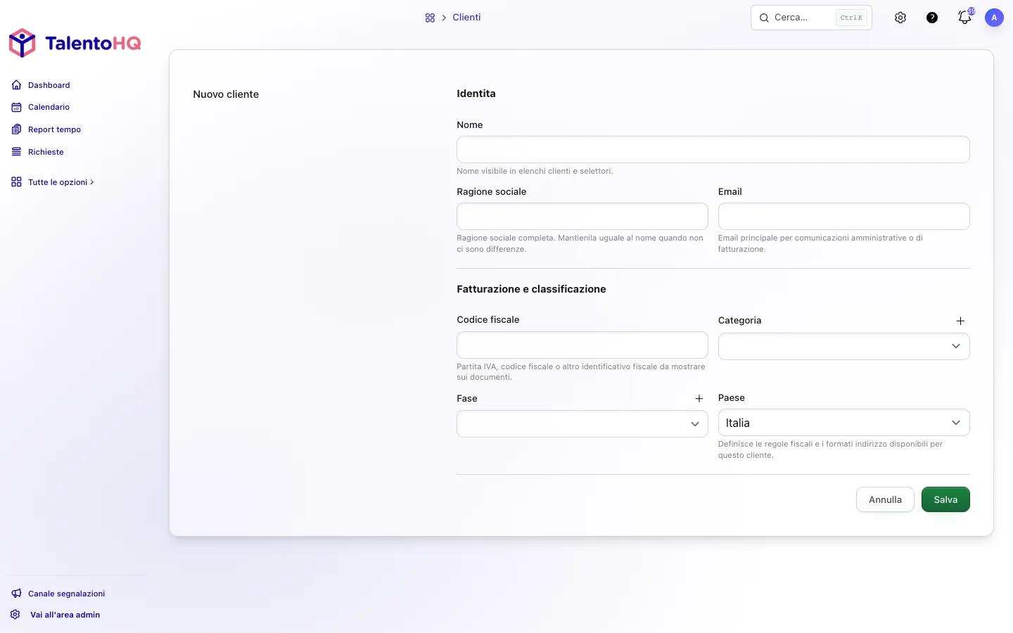 Modulo per creare un cliente nel CRM di TalentoHQ in italiano