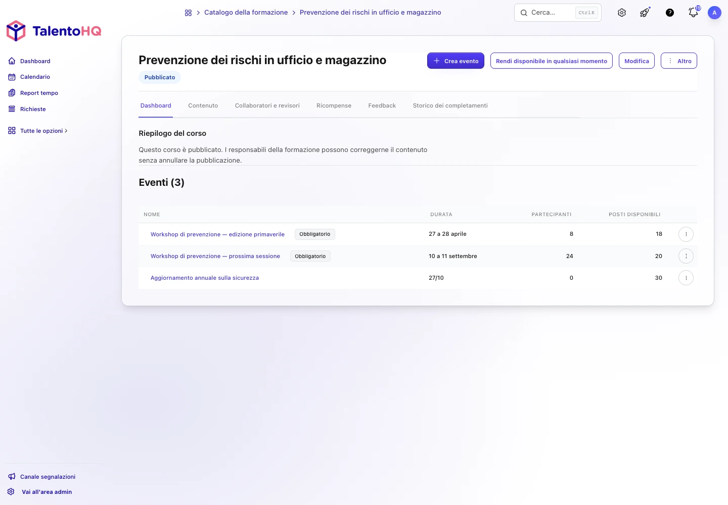 Formazione sulla sicurezza in TalentoHQ con sessioni, partecipanti e avanzamento del corso