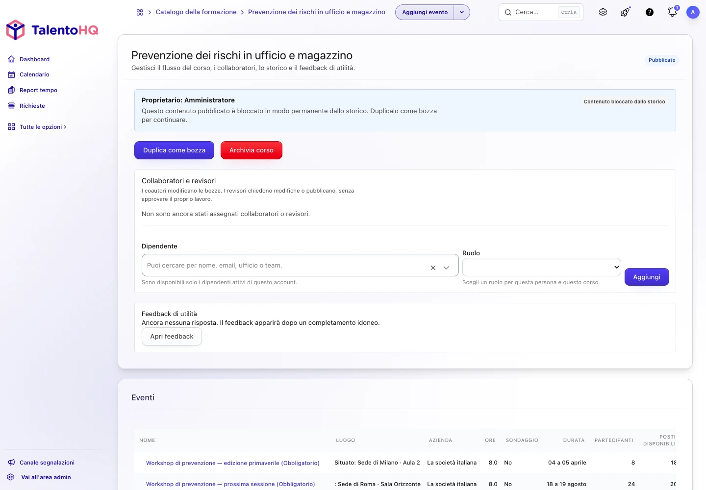 Formazione sulla sicurezza in TalentoHQ con sessioni, partecipanti e avanzamento del corso