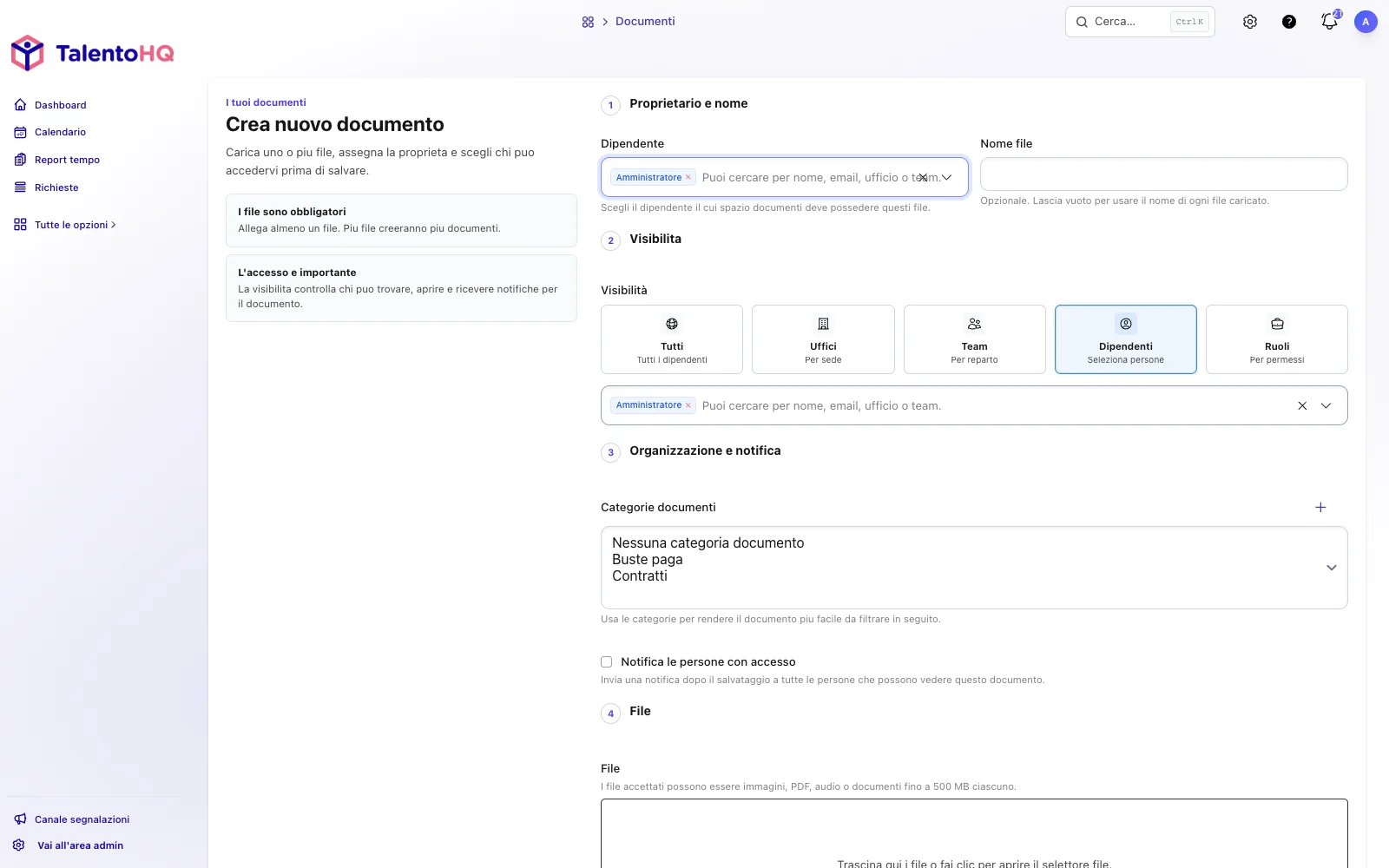 Modulo TalentoHQ in italiano per caricare un documento con proprietario, visibilità e categoria