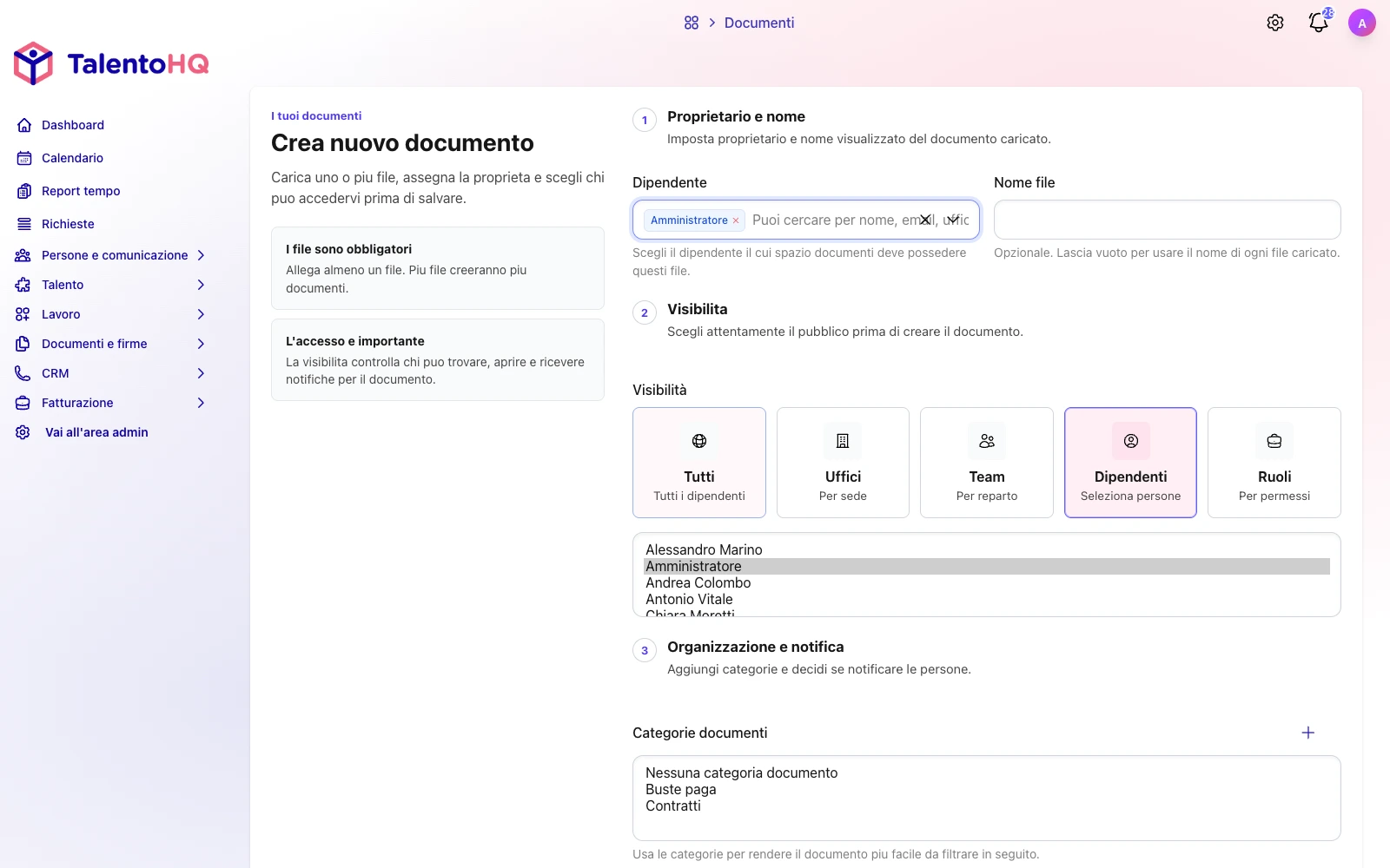 Modulo TalentoHQ in italiano per caricare un documento con proprietario, visibilità e categoria