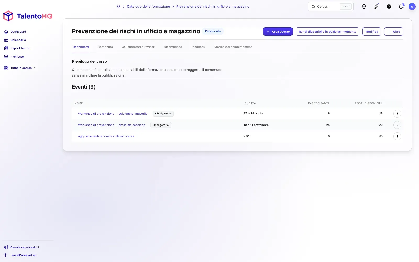 Contenuti e dettagli del percorso formativo in TalentoHQ