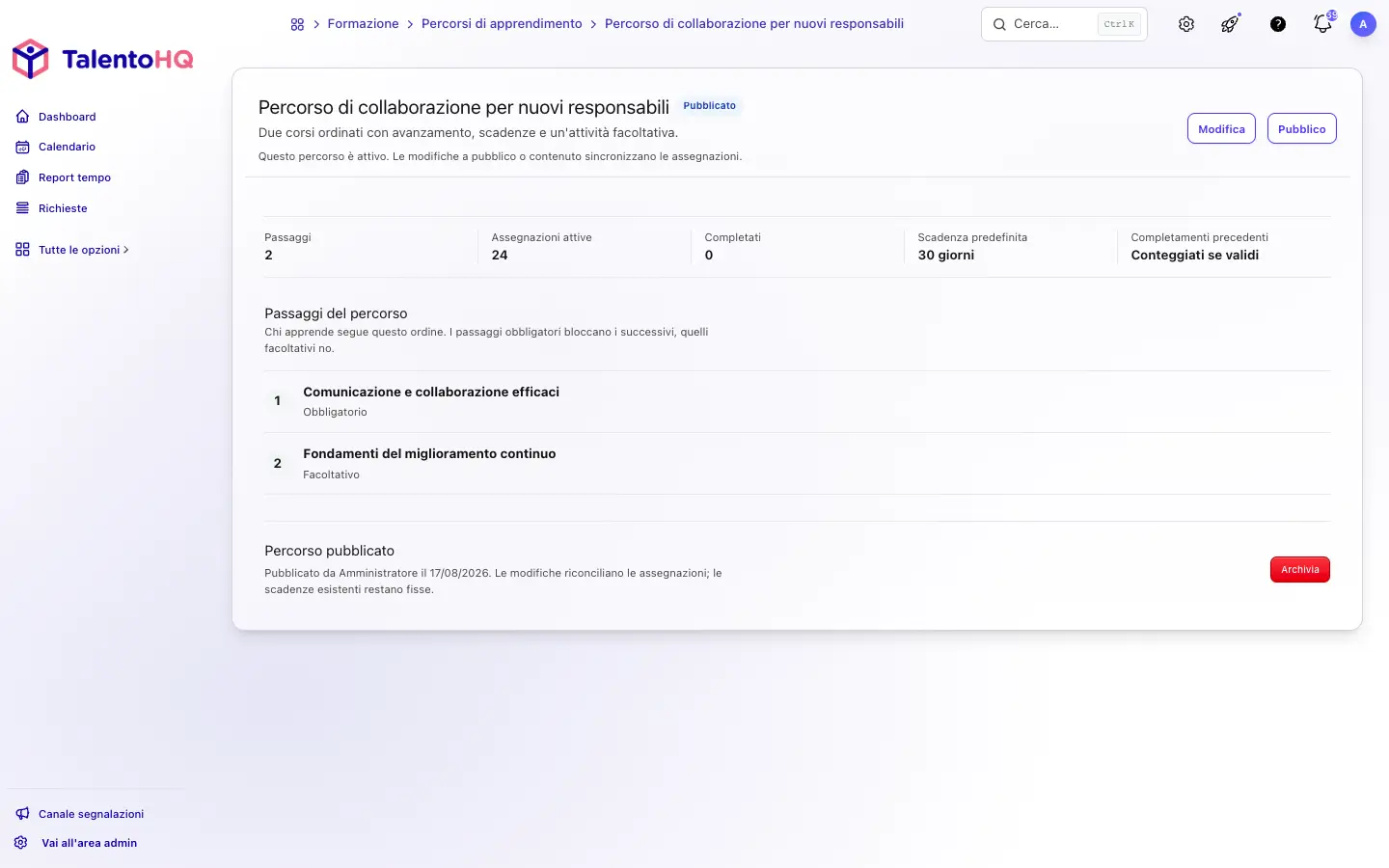 Percorso pubblicato in TalentoHQ con due corsi ordinati, scadenza e riconoscimento dei completamenti precedenti