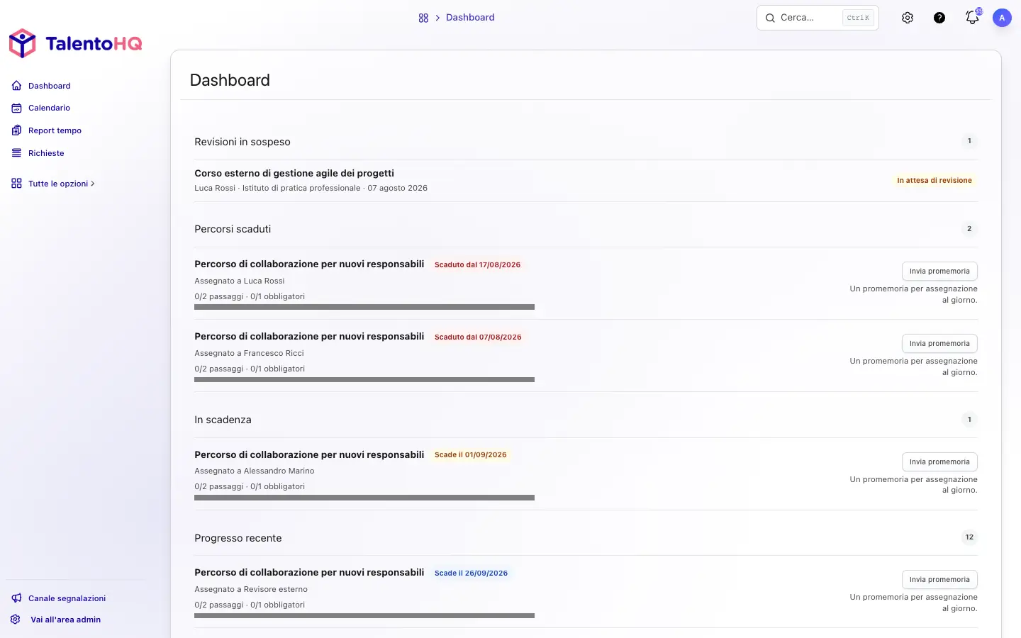 Pannello TalentoHQ del responsabile con percorsi scaduti, prossime scadenze, avanzamento recente e promemoria
