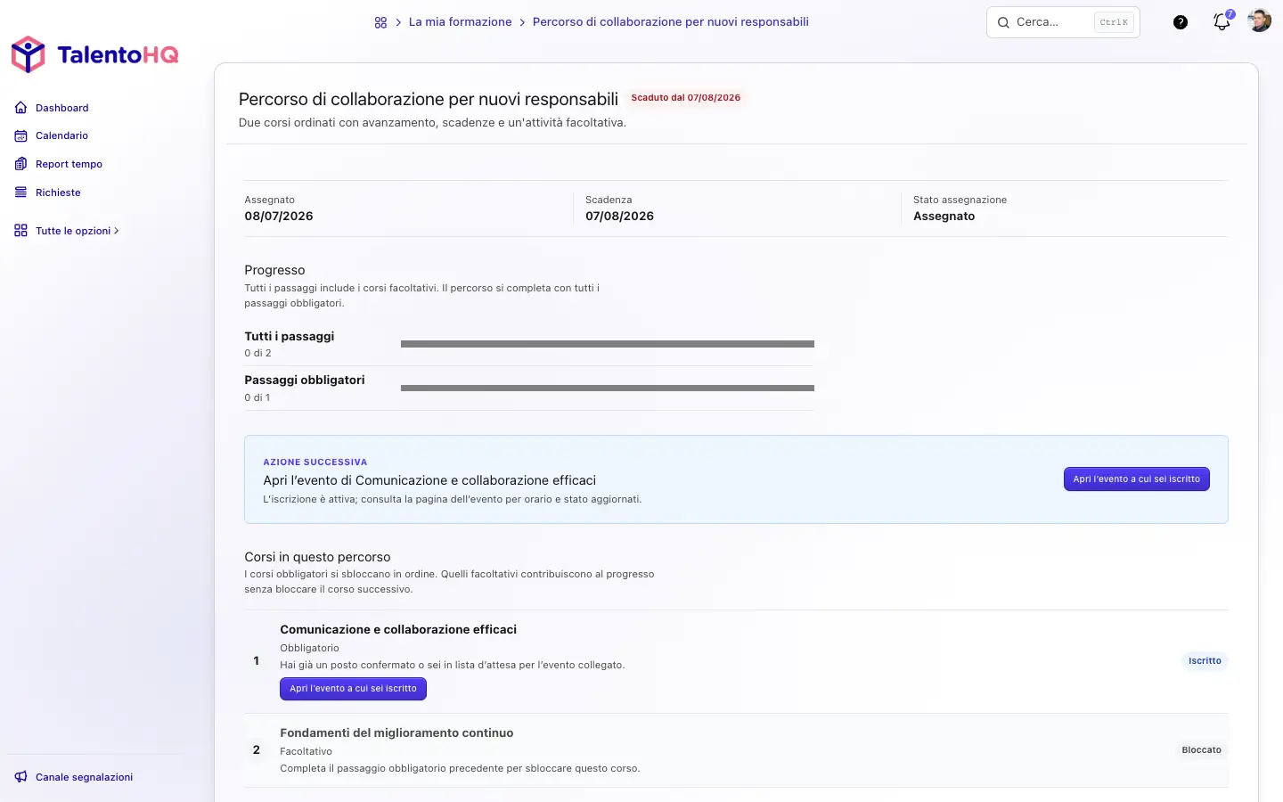 Percorso visto dal dipendente in TalentoHQ con scadenza, indicatori di avanzamento, azione successiva e corso bloccato