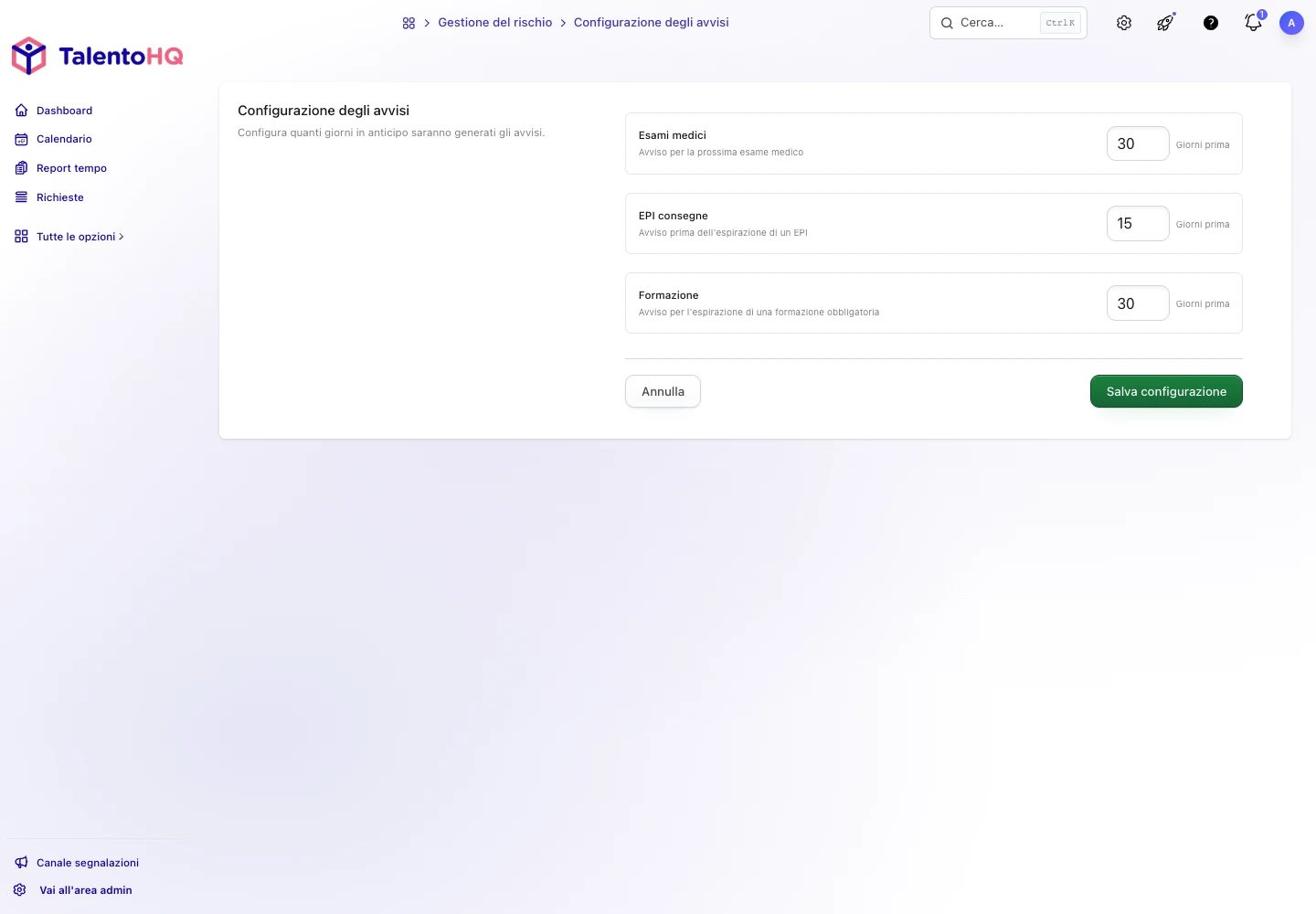 Configurazione dei giorni di anticipo per visite mediche, DPI e formazione in TalentoHQ