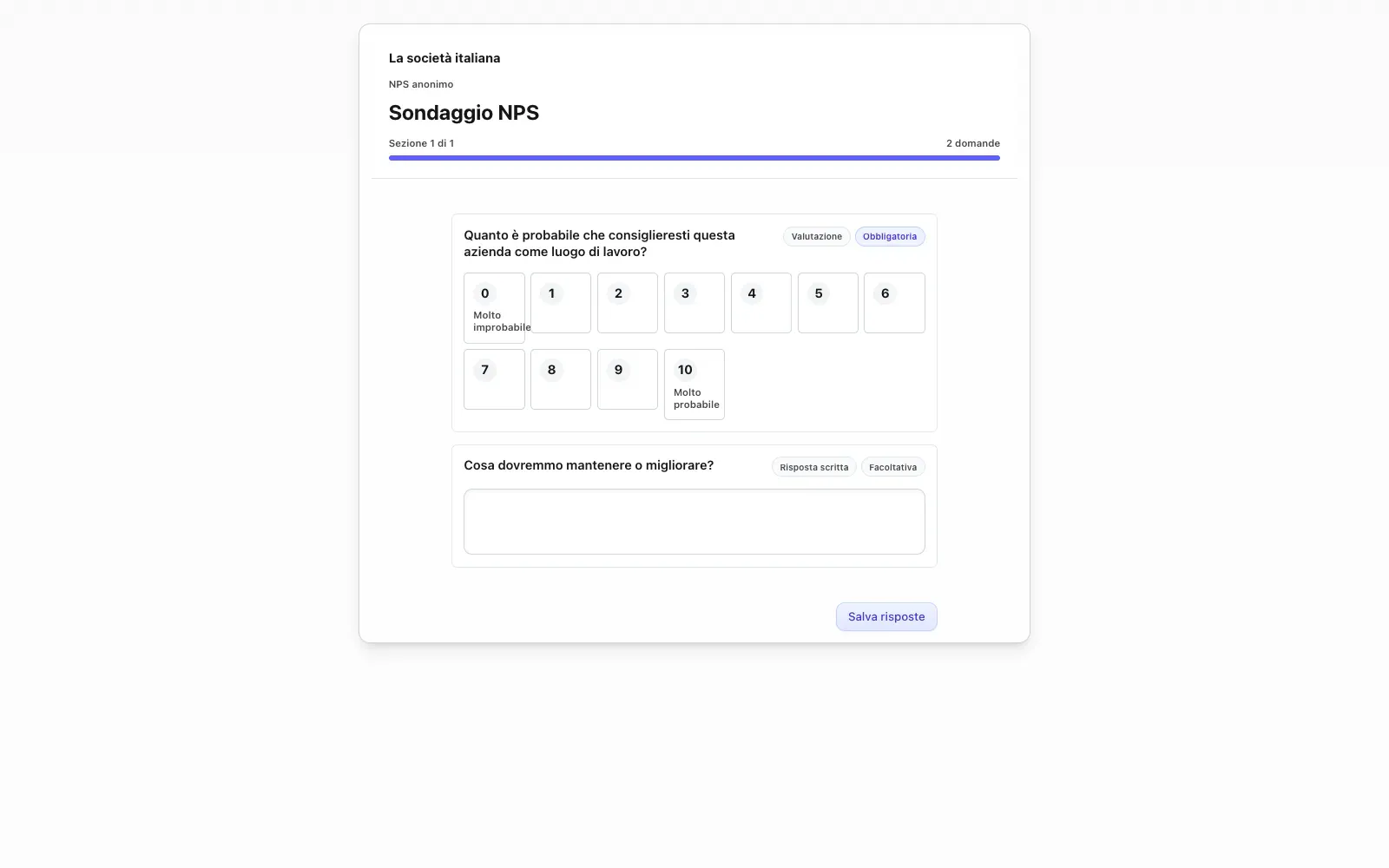Pagina pubblica del sondaggio NPS in TalentoHQ