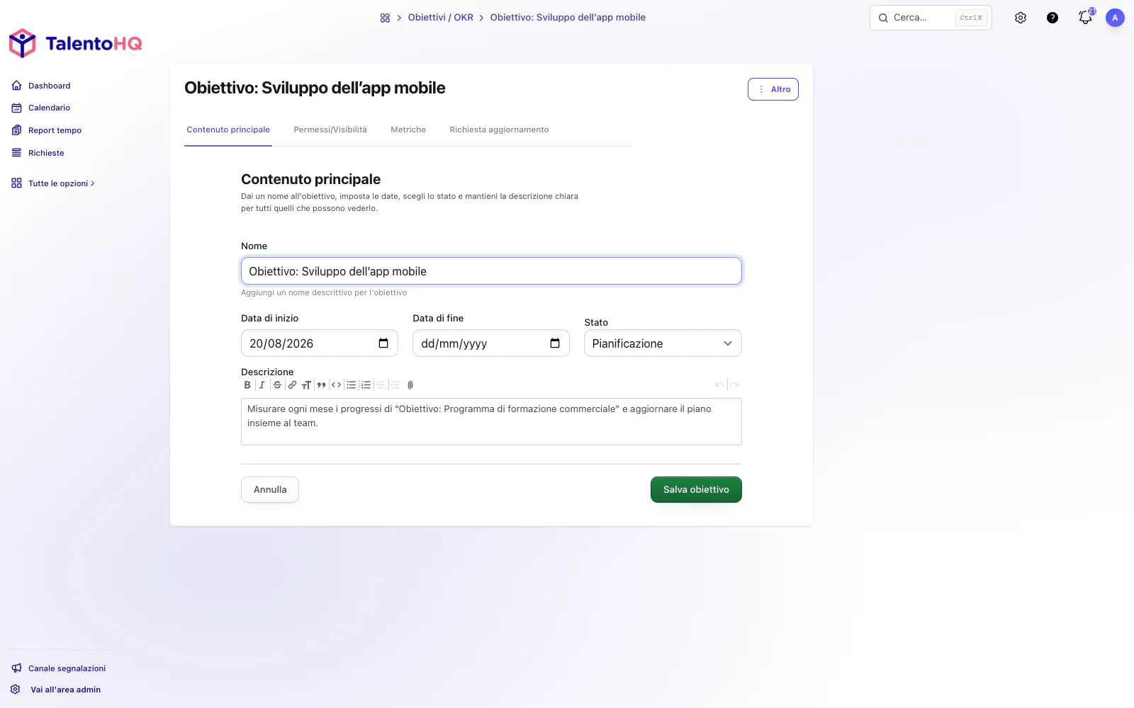 Modulo di un obiettivo in TalentoHQ con nome, date, stato In corso e descrizione