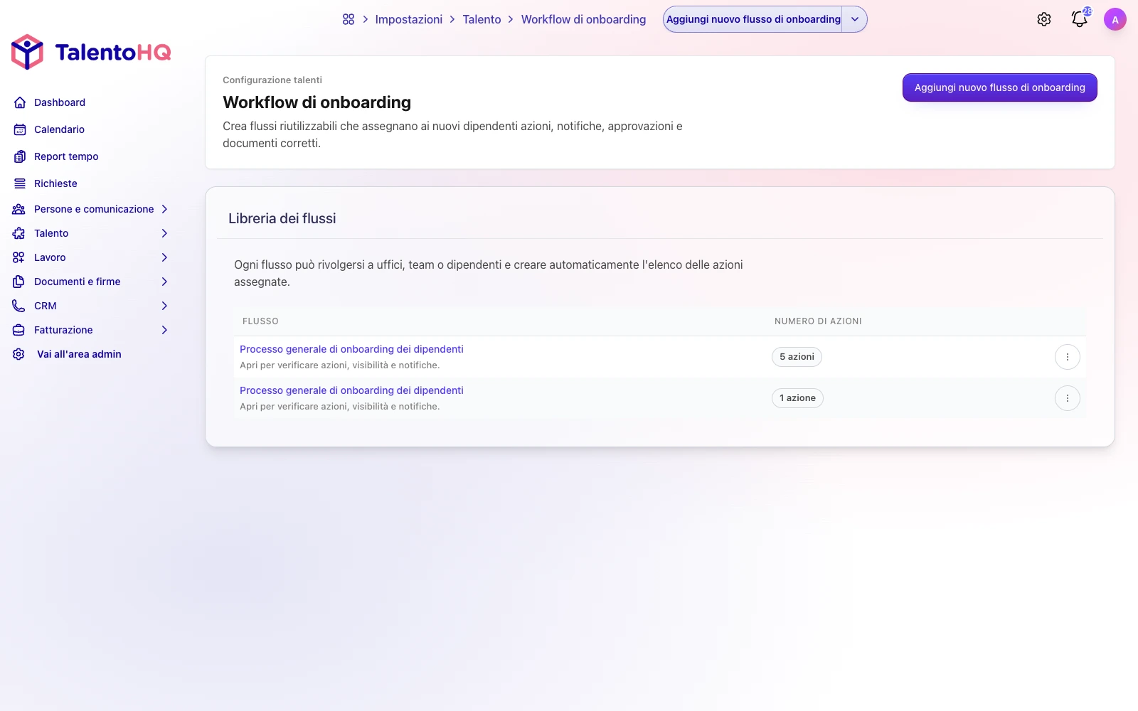 Percorso di onboarding con attività e avanzamento