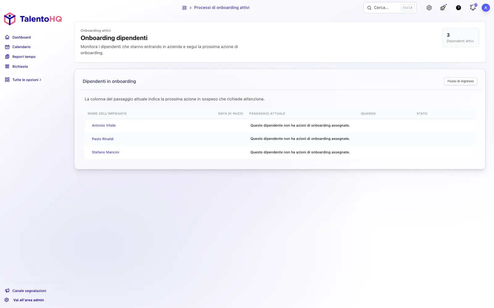 Percorso di onboarding con passaggi e responsabili