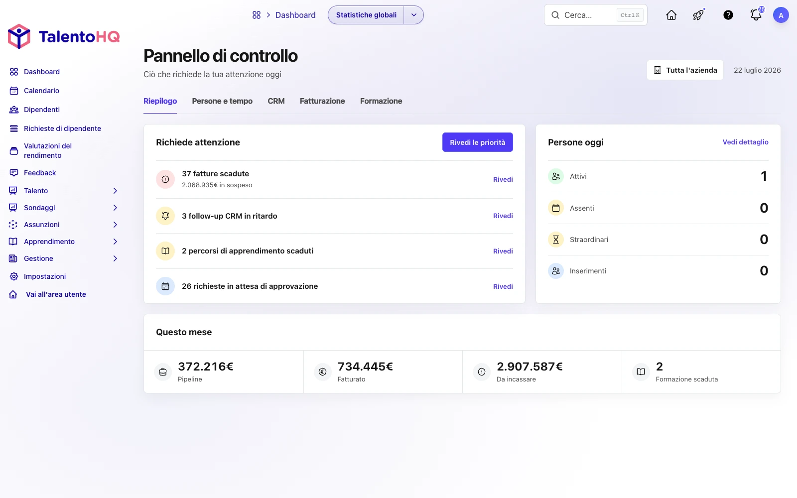 Pannello TalentoHQ con moduli HR, fatturazione, documenti e gestione