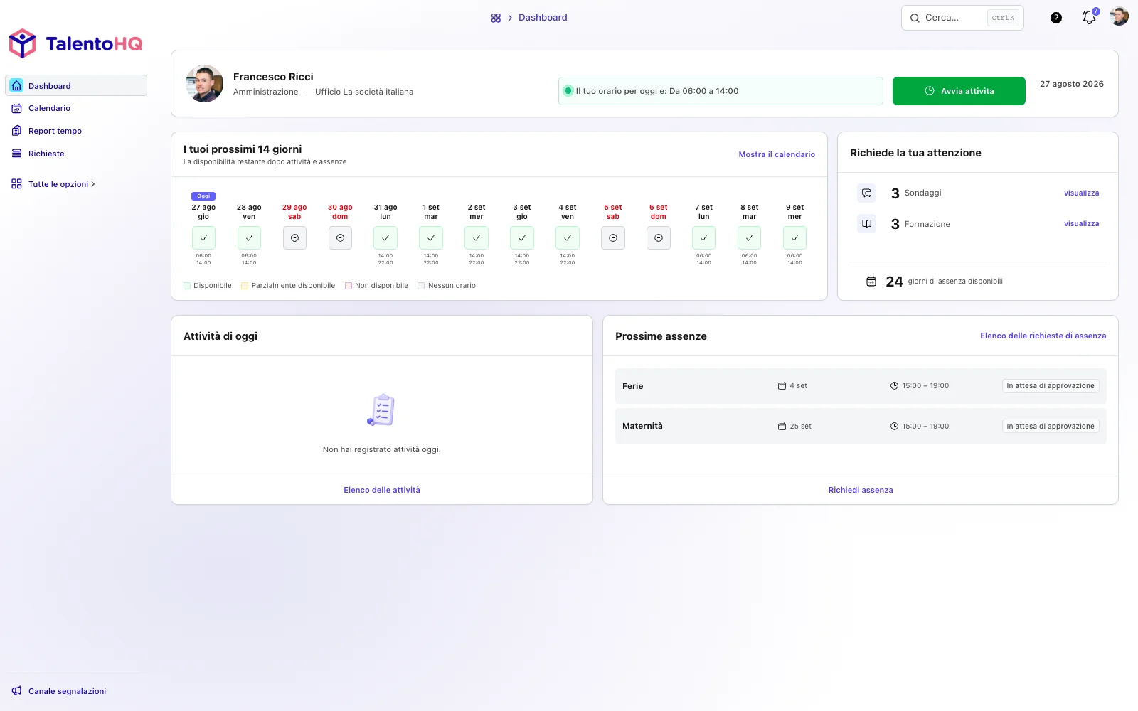 Dati e azioni accessibili dal profilo in TalentoHQ