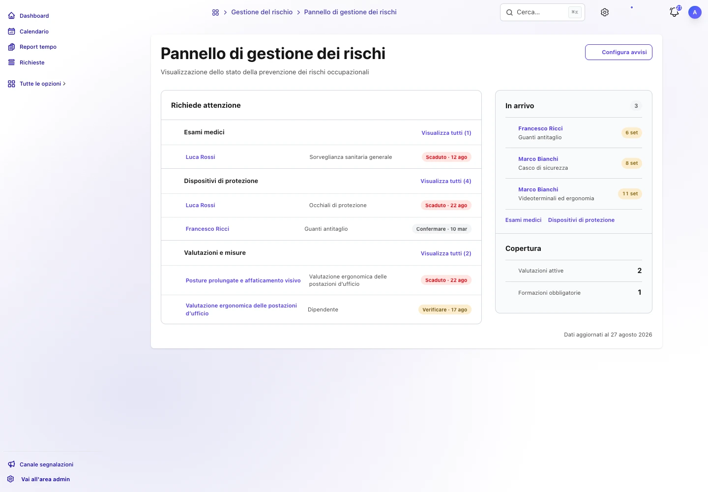 Pannello di TalentoHQ per la prevenzione, con scadenze, prossime registrazioni e indicatori di copertura