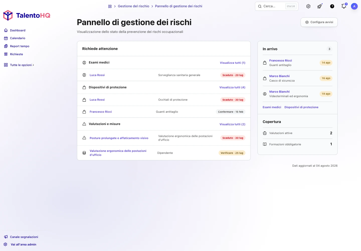 Pannello di TalentoHQ con una valutazione e una misura preventiva che richiedono attenzione