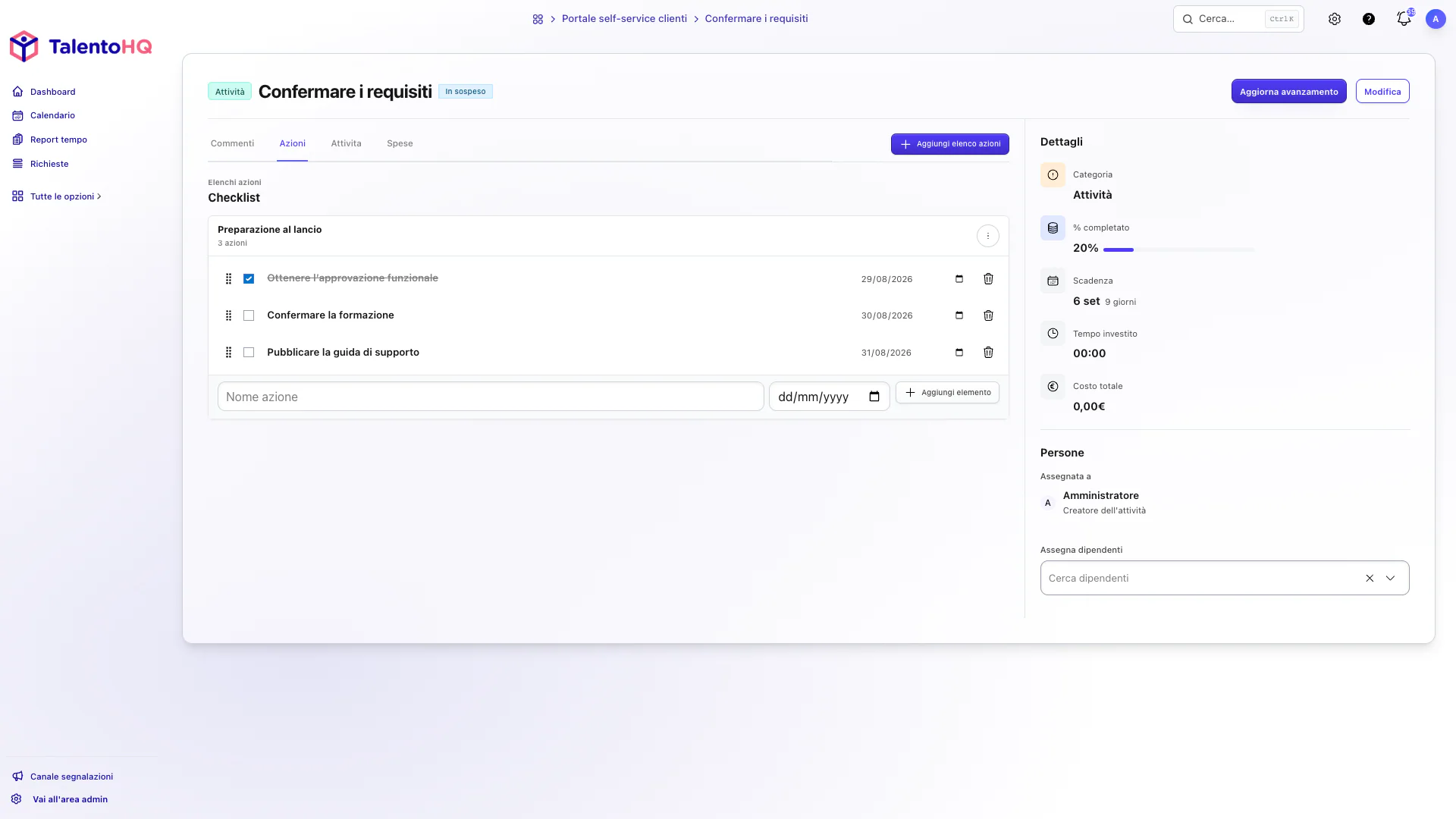 Lista di azioni nel dettaglio dell’attività in TalentoHQ