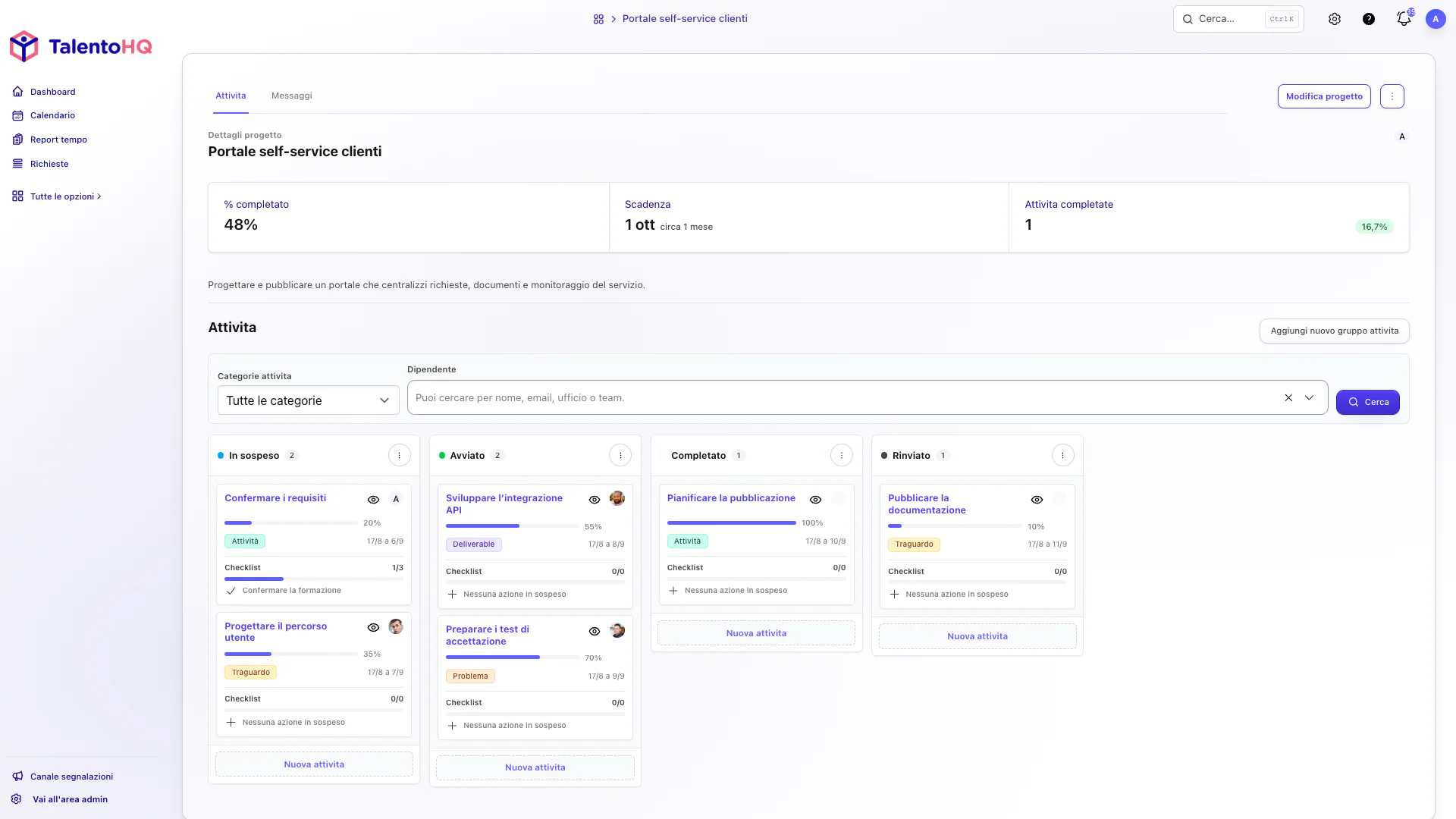 Bacheca delle attività del progetto in TalentoHQ