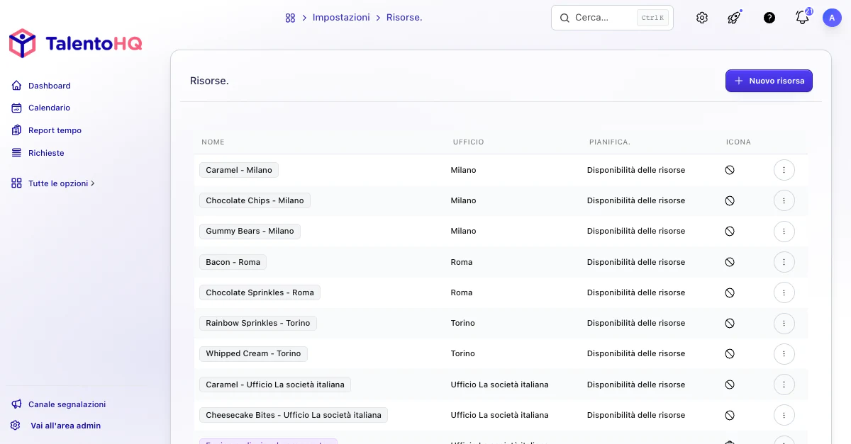 Risorse condivise disponibili per la prenotazione in TalentoHQ