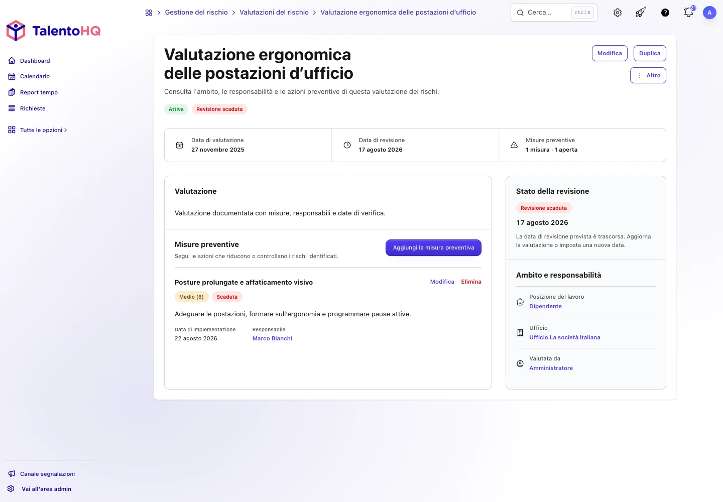Valutazione e misura preventiva in TalentoHQ come origine del monitoraggio dei dispositivi di protezione