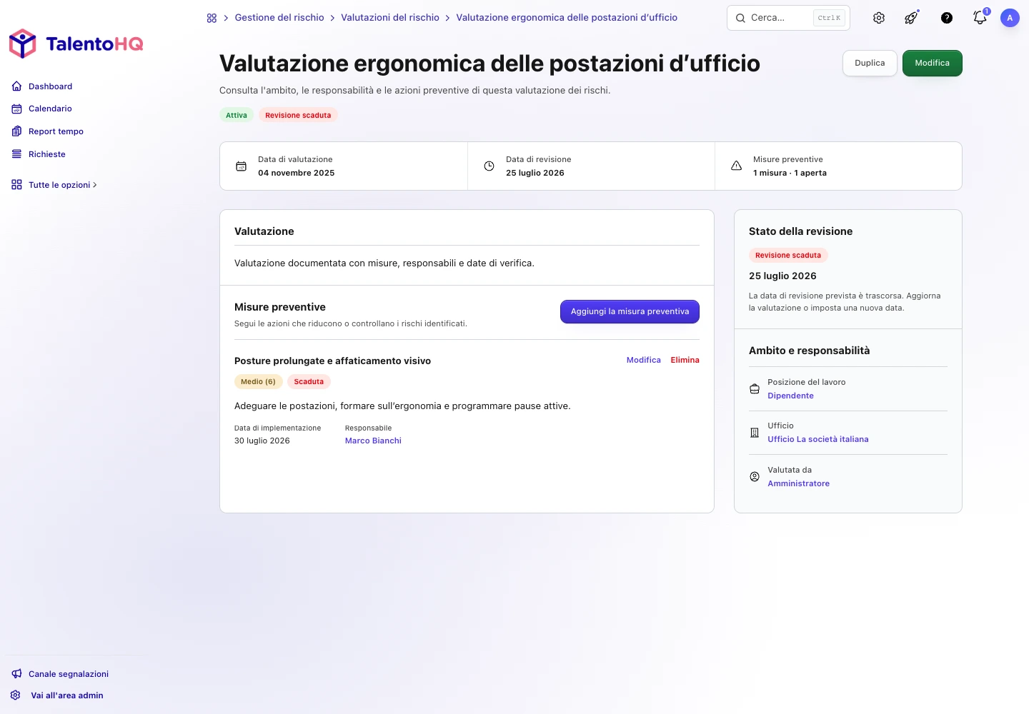 Dettaglio di una valutazione dei rischi in TalentoHQ con misura, responsabile e revisione scaduta