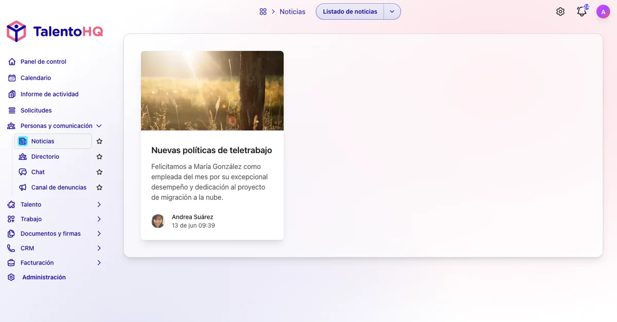 Portal del empleado de TalentoHQ con noticias y comunicaciones internas