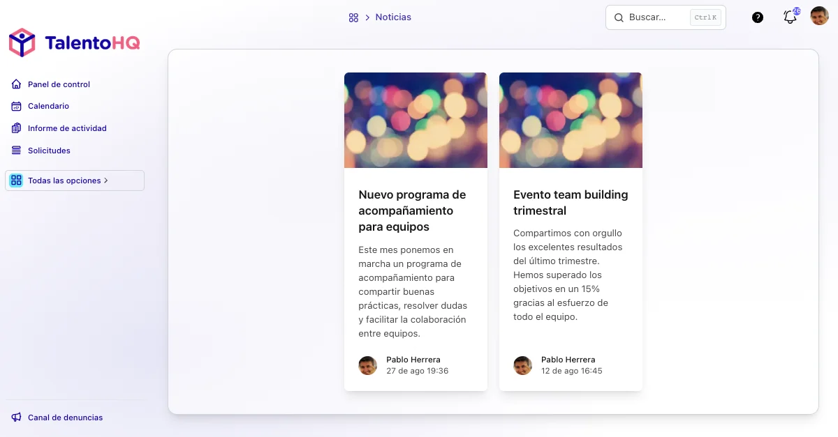 Portal del empleado de TalentoHQ con noticias y comunicaciones internas