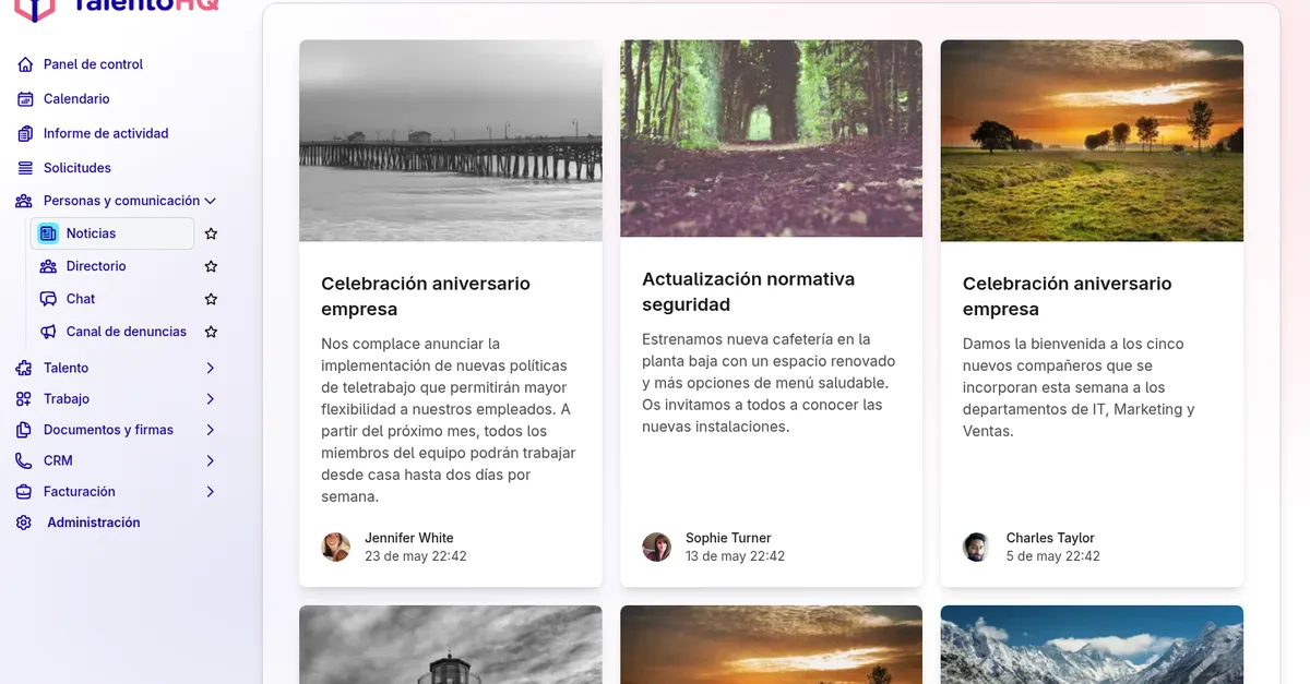 Portal del empleado de TalentoHQ con noticias y comunicaciones internas