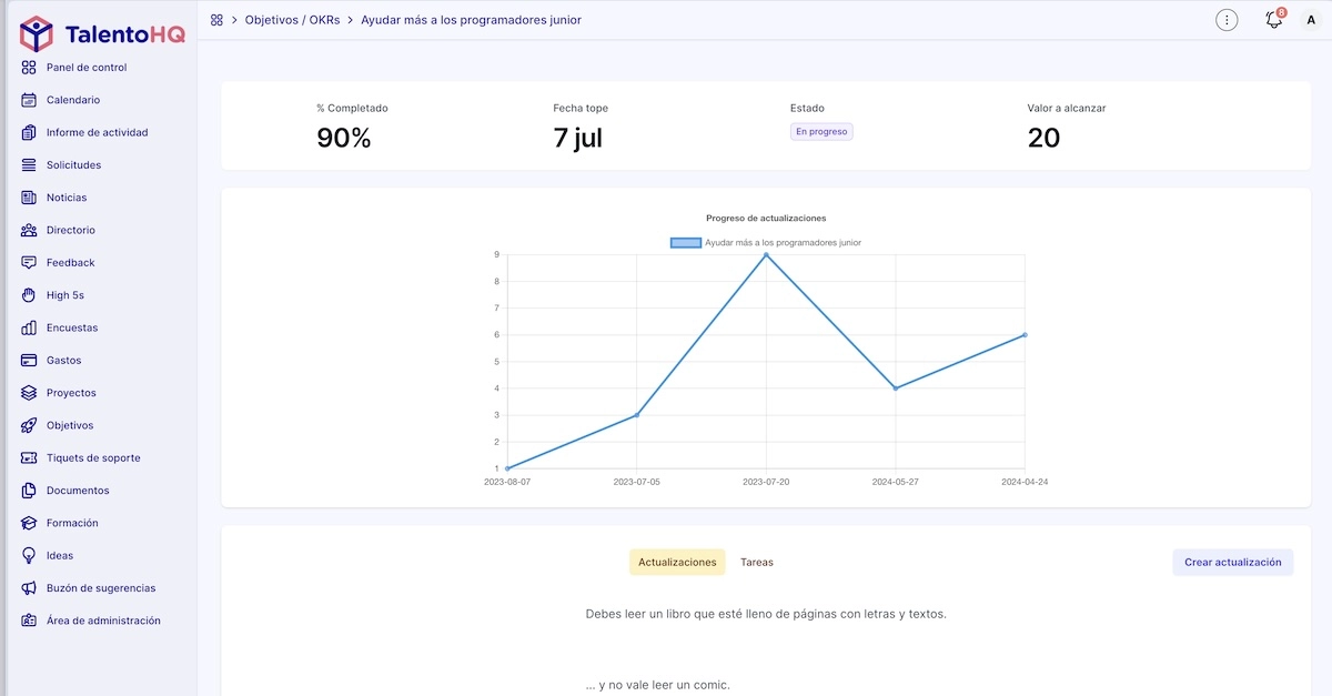 Creción y seguimiento de objetivos y OKRs.