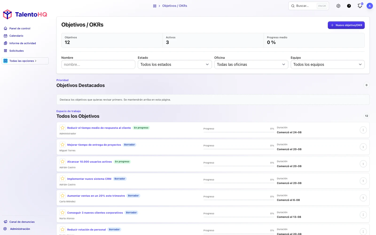 Vista actualizada de objetivos y OKRs en TalentoHQ