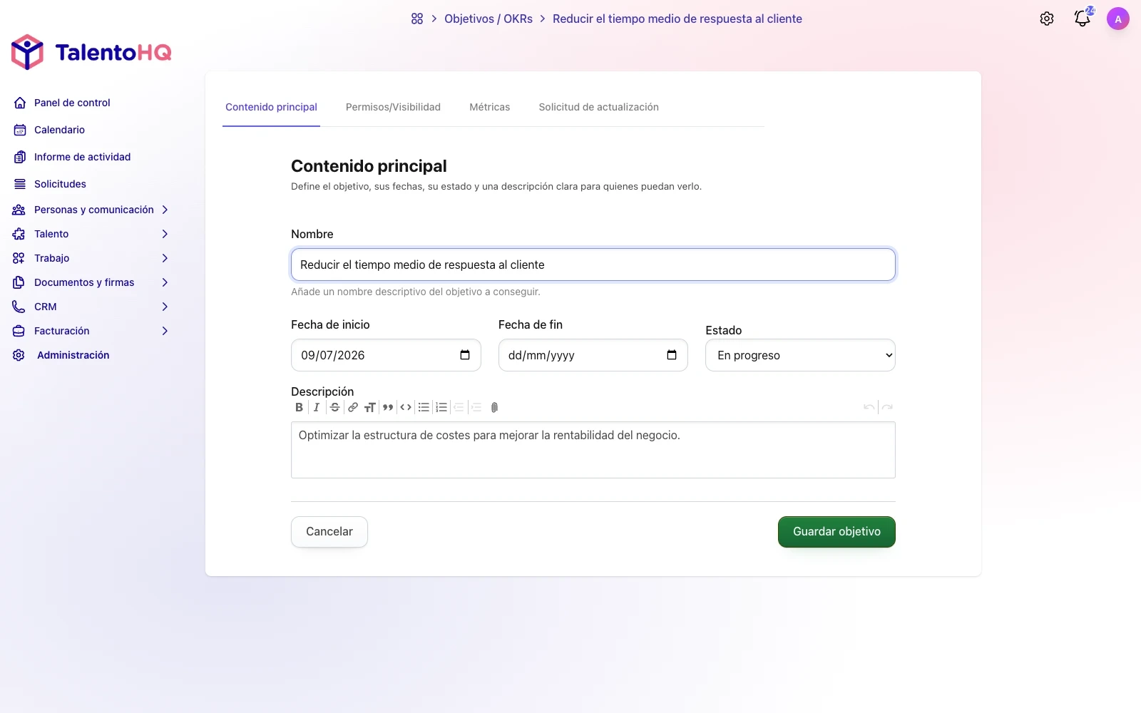 Formulario actualizado para editar objetivos con fechas, estado y descripción