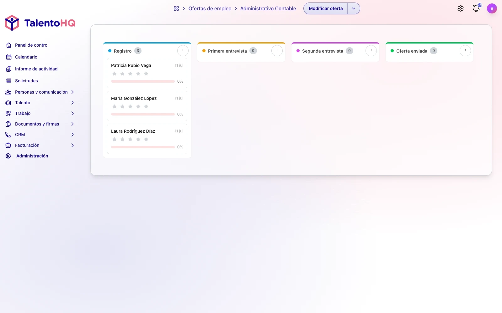 Proceso de selección de una oferta en TalentoHQ