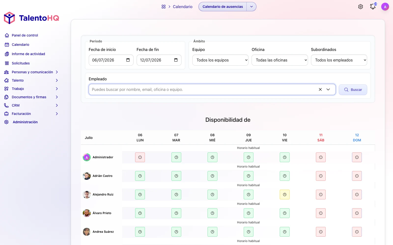 Planificador de disponibilidad con horarios del equipo en TalentoHQ