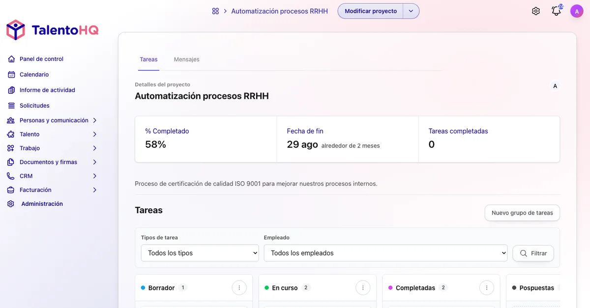 Proyecto con tareas en TalentoHQ