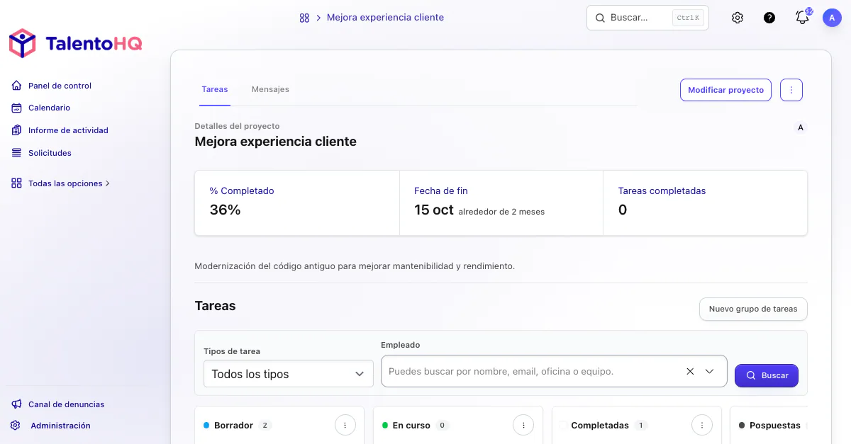 Proyecto con tareas y seguimiento operativo en TalentoHQ