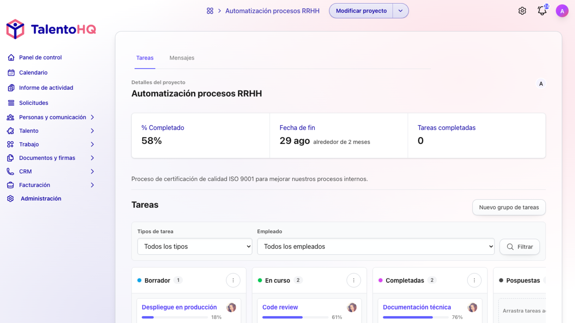 Lista de tareas en TalentoHQ