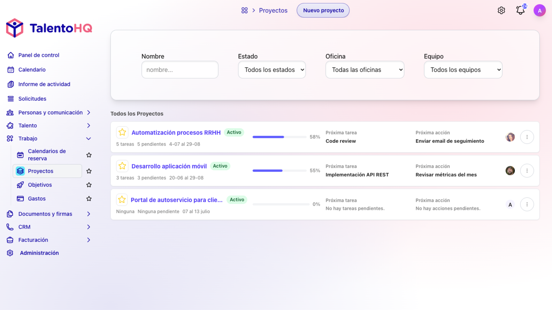 Listado de proyectos en TalentoHQ