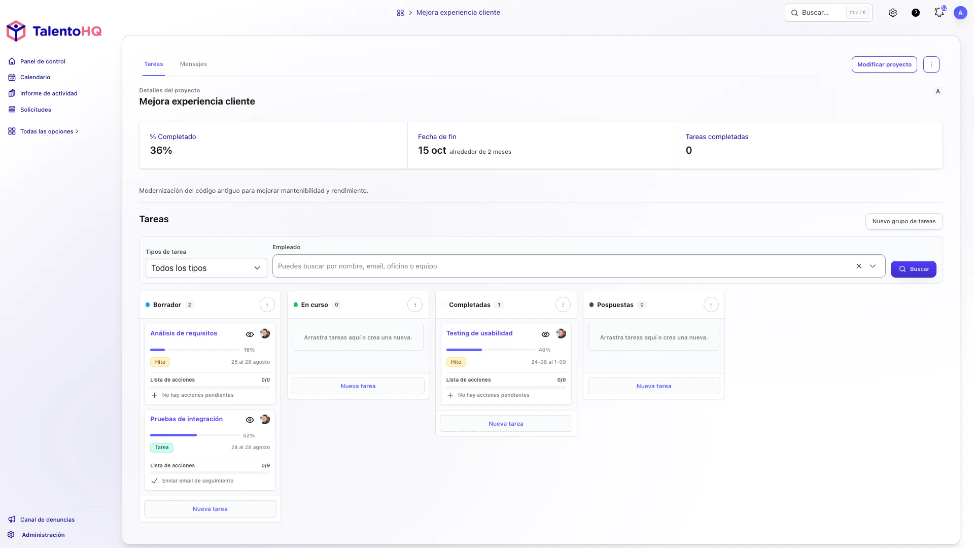Resumen de un proyecto con tareas en TalentoHQ