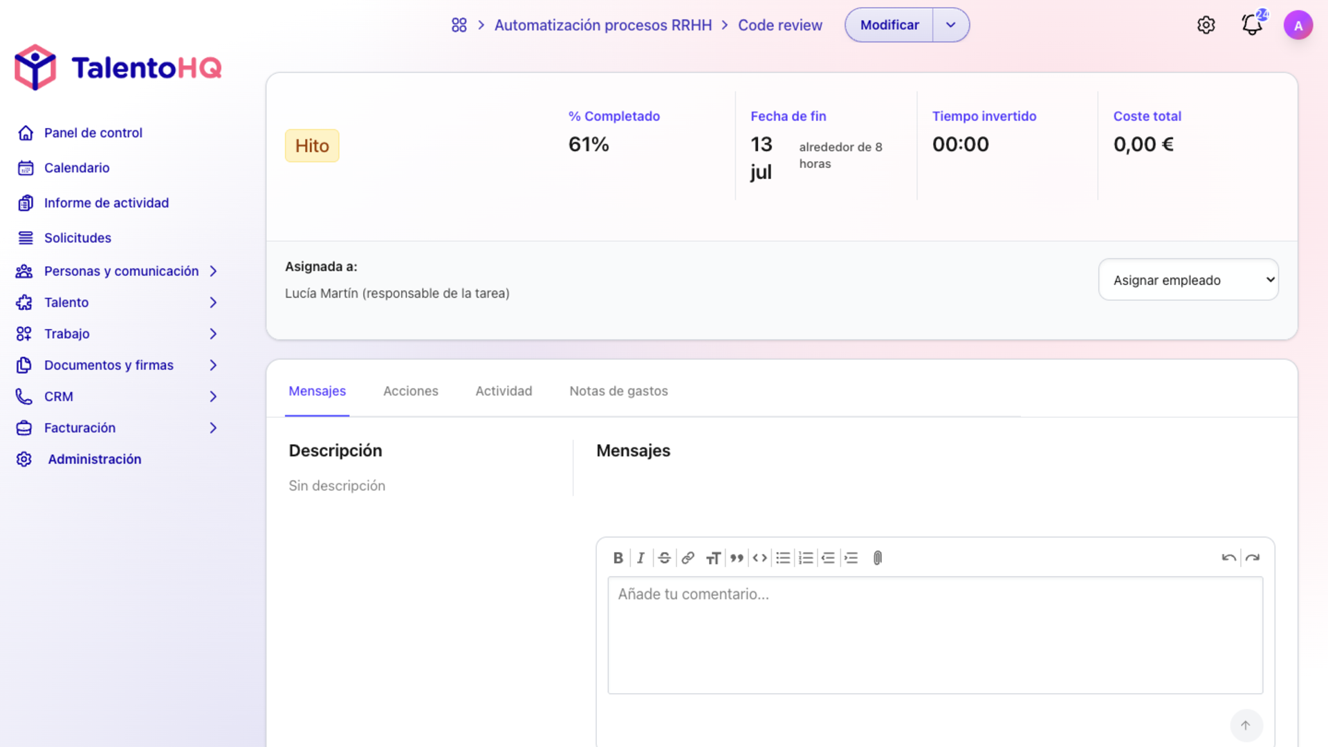 Acciones de una tarea en TalentoHQ